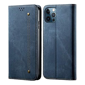 pudini luxury denim leather finish flip cover for apple iphone 12 proiphone 12 61 inch wallet case cards slot with magnetic closer kickstand flip cover 360 protection - blue