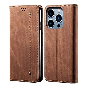pudini luxury denim leather finish flip cover for apple iphone 14 pro wallet case cards slot with magnetic closer kickstand flip cover 360 protection - brown