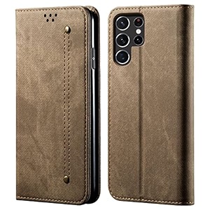 pudini luxury denim leather finish flip cover for samsung galaxy s22 ultra wallet case cards slot with magnetic closer kickstand flip cover 360 protection - khaki