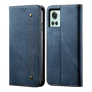 pudini luxury denim leather finish flip cover for oneplus 10r wallet case cards slot with magnetic closer kickstand flip cover 360 protection - blue