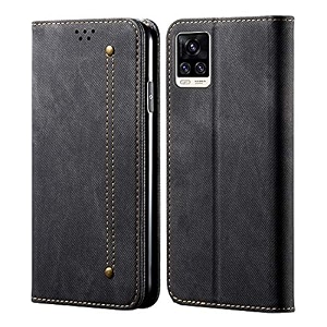 pudini luxury denim leather finish flip cover for vivo v20 pro wallet case cards slot with magnetic closer kickstand flip cover 360 protection - black