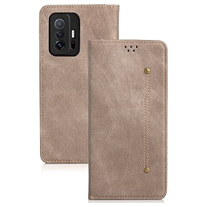 pudini luxury denim leather finish flip cover for xiaomi 11t pro 5g wallet case cards slot with magnetic closer kickstand flip cover 360 protection - khaki