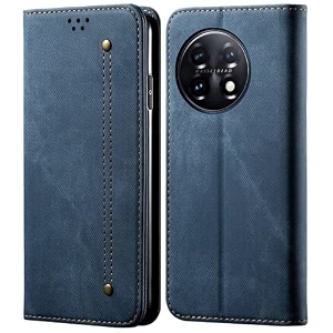 pudini luxury denim leather finish flip cover for one plus 11 5g  oneplus 11 5g wallet case cards slot with magnetic closer kickstand flip cover 360 protection - blue