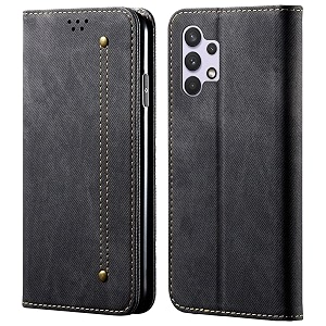 pudini luxury denim leather finish flip cover for samsung galaxy a32 wallet case cards slot with magnetic closer kickstand flip cover 360 protection - black
