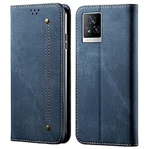 pudini luxury denim leather finish flip cover for iqoo 7 legend 5g wallet case cards slot with magnetic closer kickstand flip cover 360 protection - blue