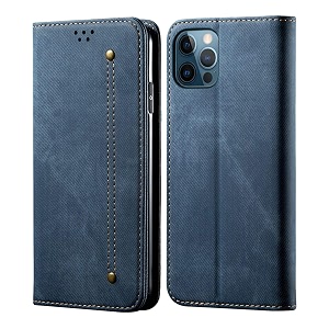 pudini luxury denim leather finish flip cover for apple iphone 12 proiphone 12 61 inch wallet case cards slot with magnetic closer kickstand flip cover 360 protection - blue