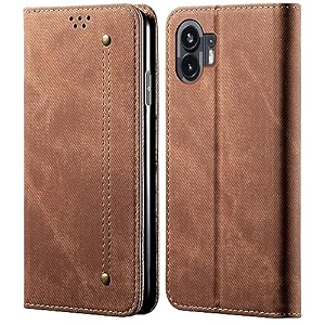 pudini luxury denim leather finish flip cover for oneplus 9rt wallet case cards slot with magnetic closer kickstand flip cover 360 protection - brown
