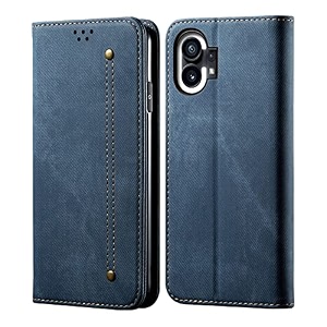 pudini luxury denim leather finish flip cover for nothing phone 1 wallet case cards slot with magnetic closer kickstand flip cover 360 protection - blue