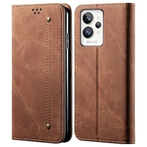 pudini luxury denim leather finish flip cover for realme gt 2 pro wallet case cards slot with magnetic closer kickstand flip cover 360 protection - brown