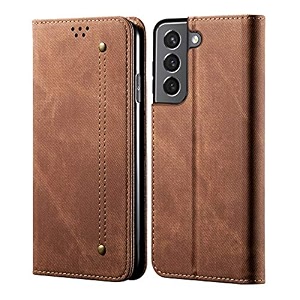 pudini luxury denim leather finish flip cover for samsung galaxy s21 fe 5g wallet case cards slot with magnetic closer kickstand flip cover 360 protection - brown