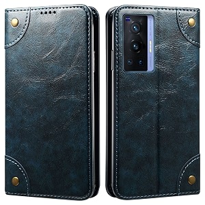 pu leather wallet folio case for vivo x70 pro flip cover book design pouch with stand amp card slot magnetic push closure - blue