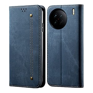 pudini luxury denim leather finish flip cover for vivo x90 wallet case cards slot with magnetic closer kickstand flip cover 360 protection - blue