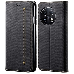 pudini luxury denim leather finish flip cover for one plus 11r 5g  oneplus 11r 5g wallet case cards slot with magnetic closer kickstand flip cover 360 protection - black