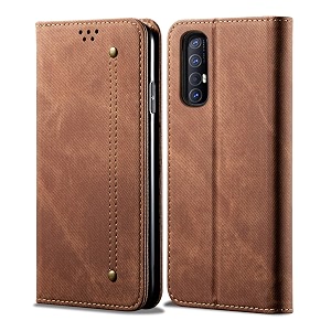 pudini luxury denim leather finish flip cover for oppo reno 3 pro wallet case cards slot with magnetic closer kickstand flip cover 360 protection - brown