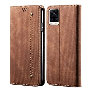 pudini luxury denim leather finish flip cover for vivo v20 pro wallet case cards slot with magnetic closer kickstand flip cover 360 protection - brown