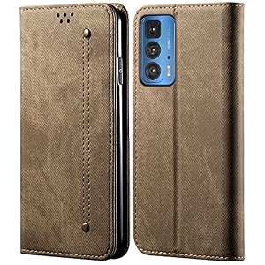 pudini luxury denim leather finish flip cover for motorola edge 20 pro wallet case cards slot with magnetic closer kickstand flip cover 360 protection - khaki