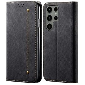 pudini luxury denim leather finish flip cover for samsung galaxy s23 ultra wallet case cards slot with magnetic closer kickstand flip cover 360 protection - black