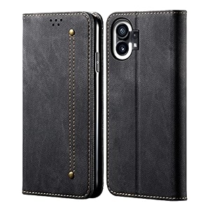 pudini luxury denim leather finish flip cover for nothing phone 1 wallet case cards slot with magnetic closer kickstand flip cover 360 protection - black