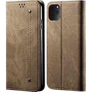 pudini luxury denim leather finish flip cover for apple iphone 11 pro max 65 wallet case cards slot with magnetic closer kickstand flip cover 360 protection - khaki