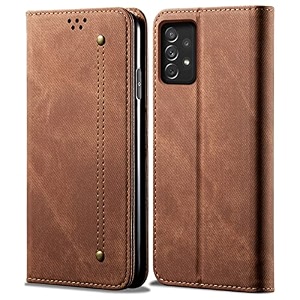 pudini luxury denim leather finish flip cover for samsung galaxy a73 5g wallet case cards slot with magnetic closer kickstand flip cover 360 protection - brown