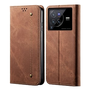 pudini luxury denim leather finish flip cover for vivo x80 pro 5g wallet case cards slot with magnetic closer kickstand flip cover 360 protection - brown