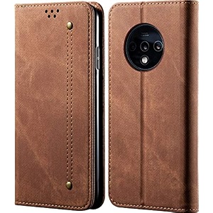 pudini luxury denim leather finish flip cover for oneplus 7t  one plus 7t  17t wallet case cards slot with magnetic closer kickstand flip cover 360 protection - brown
