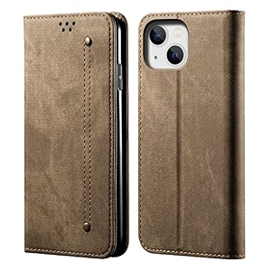 pudini luxury denim leather finish flip cover for apple iphone 14 wallet case cards slot with magnetic closer kickstand flip cover 360 protection - khaki