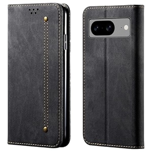 pudini luxury denim leather finish flip cover for apple iphone 13 pro wallet case cards slot with magnetic closer kickstand flip cover 360 protection - black