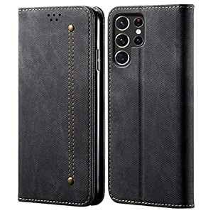 pudini luxury denim leather finish flip cover for samsung galaxy s22 ultra wallet case cards slot with magnetic closer kickstand flip cover 360 protection - black