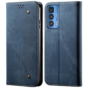 pudini luxury denim leather finish flip cover for motorola edge 20 pro wallet case cards slot with magnetic closer kickstand flip cover 360 protection - blue
