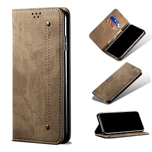 pudini luxury denim leather finish flip cover for iqoo 7 5g wallet case cards slot with magnetic closer kickstand flip cover 360 protection - khaki