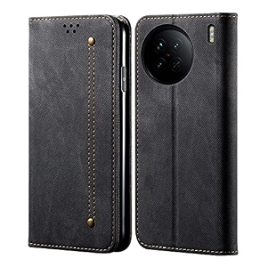 pudini luxury denim leather finish flip cover for vivo x90 wallet case cards slot with magnetic closer kickstand flip cover 360 protection - black