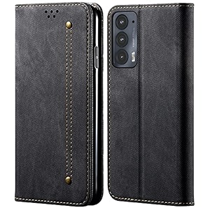 pudini luxury denim leather finish flip cover for motorola edge 20 wallet case cards slot with magnetic closer kickstand flip cover 360 protection - black