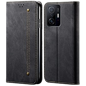 pudini luxury denim leather finish flip cover for xiaomi 11t pro 5g wallet case cards slot with magnetic closer kickstand flip cover 360 protection - black