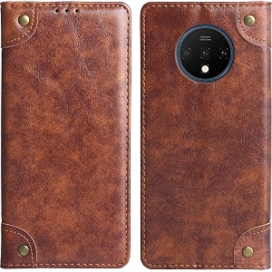 pu leather wallet folio case for oneplus 7t  one plus 7t  17t flip cover book design pouch with stand amp card slot magnetic push closure - brown