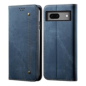 pudini luxury denim leather finish flip cover for apple iphone 13 pro max wallet case cards slot with magnetic closer kickstand flip cover 360 protection - blue