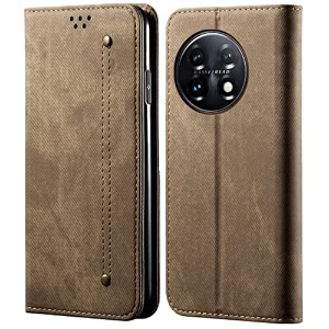 pudini luxury denim leather finish flip cover for one plus 11 5g  oneplus 11 5g wallet case cards slot with magnetic closer kickstand flip cover 360 protection - khaki