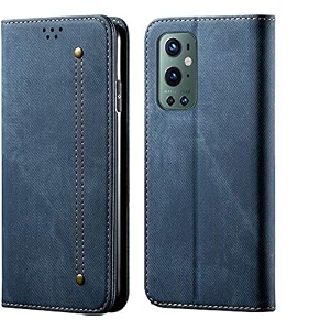 pudini luxury denim leather finish flip cover for oneplus 9 pro 5g  one plus 9 pro  19 pro wallet case cards slot with magnetic closer kickstand flip cover 360 protection - blue