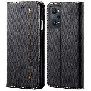 pudini luxury denim leather finish flip cover for realme gt neo 2 wallet case cards slot with magnetic closer kickstand flip cover 360 protection - black