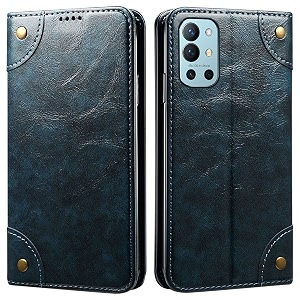 pu leather wallet folio case for oneplus 9r 5g flip cover book design pouch with stand amp card slot magnetic push closure - blue