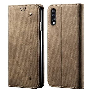 pudini luxury denim leather finish flip cover for samsung galaxy a70  galaxy a70s wallet case cards slot with magnetic closer kickstand flip cover 360 protection - khaki