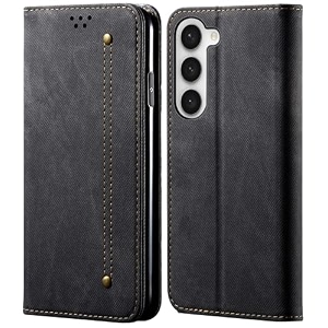 pudini luxury denim leather finish flip cover for samsung galaxy s23 wallet case cards slot with magnetic closer kickstand flip cover 360 protection - black