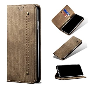 pudini luxury denim leather finish flip cover for apple iphone 12 mini 54 inch wallet case cards slot with magnetic closer kickstand flip cover 360 protection - khaki