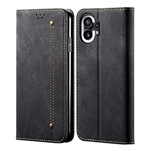 pudini luxury denim leather finish flip cover for nothing phone 1 wallet case cards slot with magnetic closer kickstand flip cover 360 protection - black