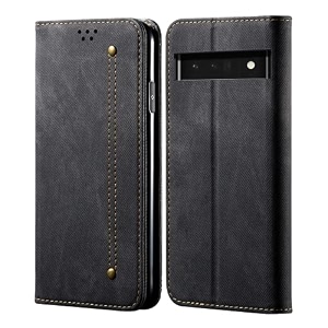 pudini luxury denim leather finish flip cover for google pixel 6a wallet case cards slot with magnetic closer kickstand flip cover 360 protection - black
