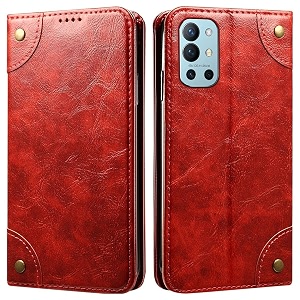 pu leather wallet folio case for oneplus 9r 5g flip cover book design pouch with stand amp card slot magnetic push closure - red