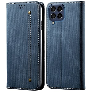 pudini luxury denim leather finish flip cover for samsung galaxy m33 5g wallet case cards slot with magnetic closer kickstand flip cover 360 protection - blue