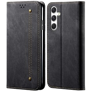 pudini luxury denim leather finish flip cover for samsung galaxy a54 5g wallet case cards slot with magnetic closer kickstand flip cover 360 protection - black
