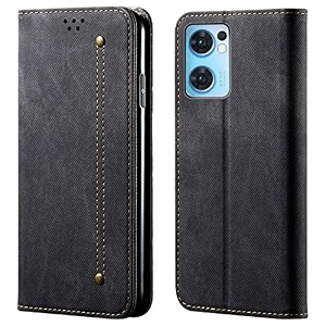 pudini luxury denim leather finish flip cover for oppo reno7 5g  reno 7 5g wallet case cards slot with magnetic closer kickstand flip cover 360 protection - black