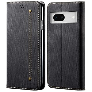 pudini luxury denim leather finish flip cover for google pixel 7 wallet case cards slot with magnetic closer kickstand flip cover 360 protection - black